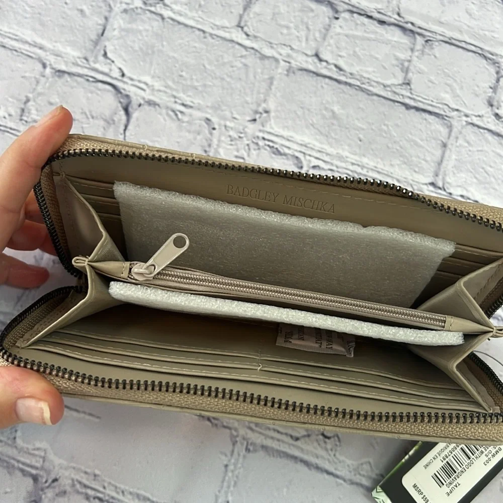 NWT BADGLEY MISCHKA Vegan Leather‎ Diamond Quilting Long Taupe Zip Around Wallet